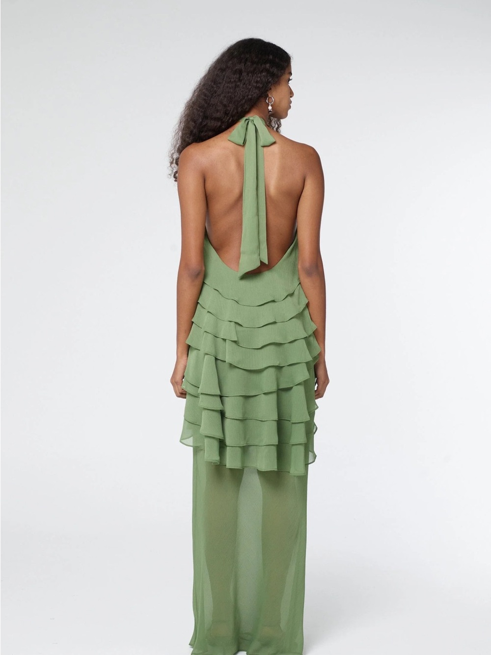 Third Form Gaia Maxi Dress — Pickle Green Ruffle Halter - Picture 3 of 7